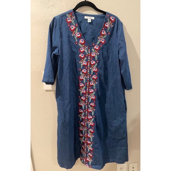 GO SOFTLY PATIO COTTON DENIM DRESS WOMENS LARGE FLORAL EMBROIDED SIZE S POCKETS - Picture 2 of 9